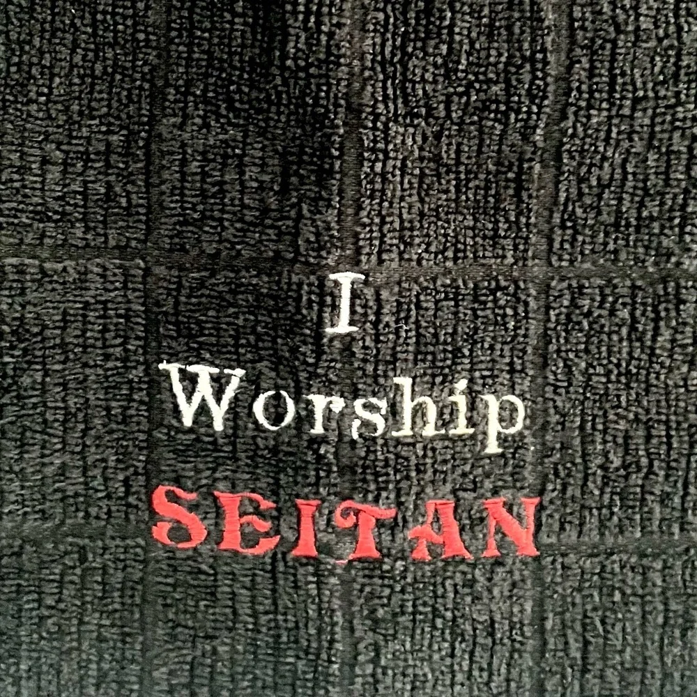 Vegan I worship seitan black embroidered kitchen towel